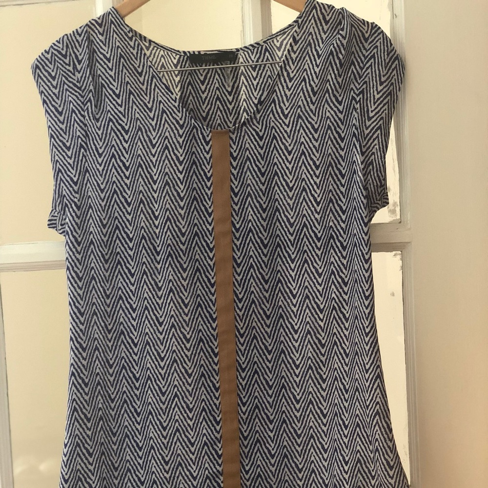 striped blouse with camel leather accent
